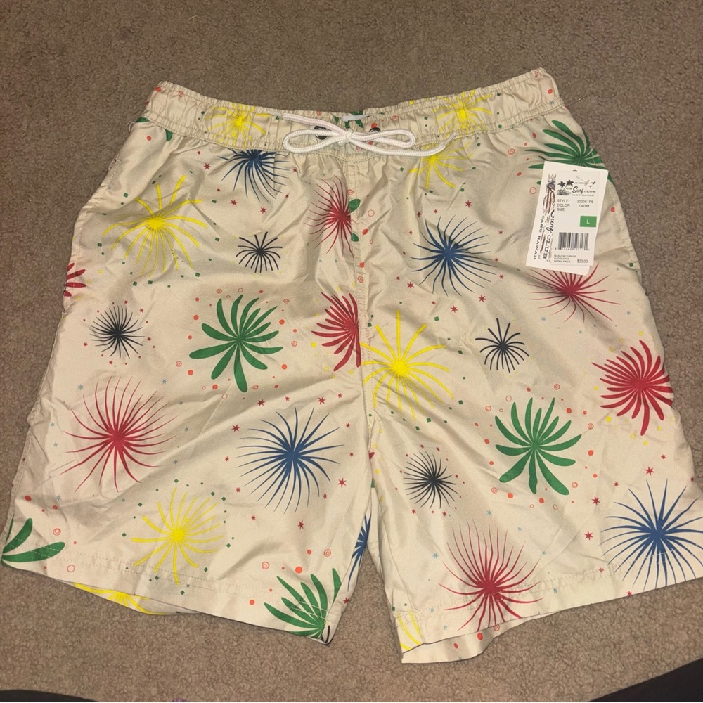 US Surf Club Men's Beige Firework Print Swim Trunks Large